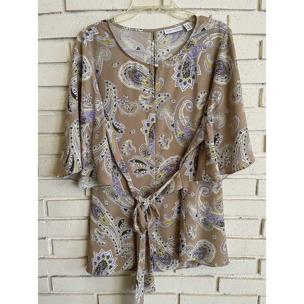 Susan Graver Womens sz.‎ 2X Printed Tan Top Multicolor Tie Front Flutter Sleeve